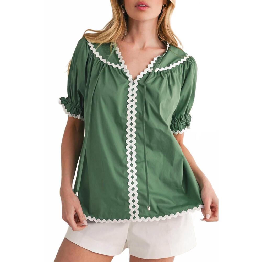 NEW LITTLE DAISY CLOSET ric rac trim tie split neck short sleeve blouse in mist